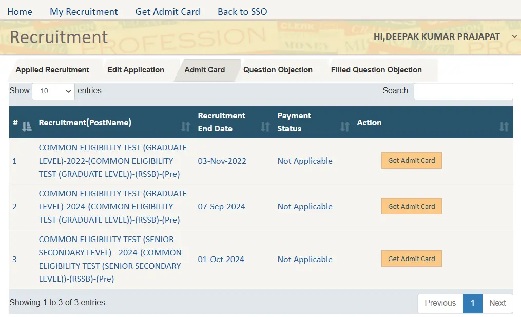 sso.rajasthan.gov.in Admit Card